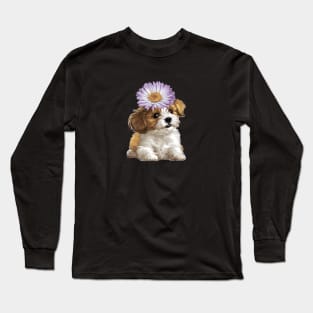 Cavachon Puppy with Purple Aster Long Sleeve T-Shirt